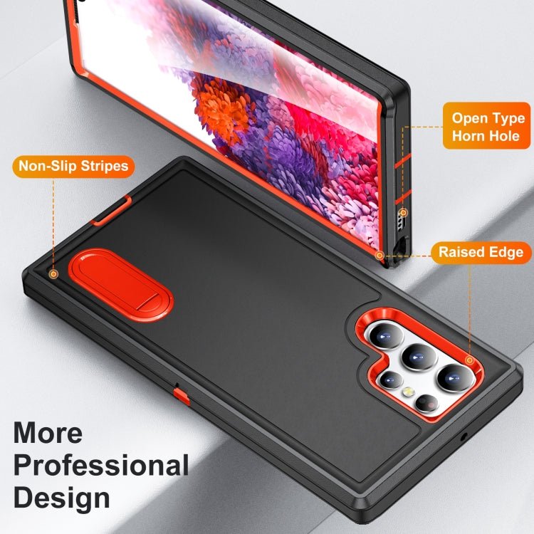 For Samsung Galaxy S23 ultra 5G 3 in 1 Rugged Holder Phone Case(Black+Orange)