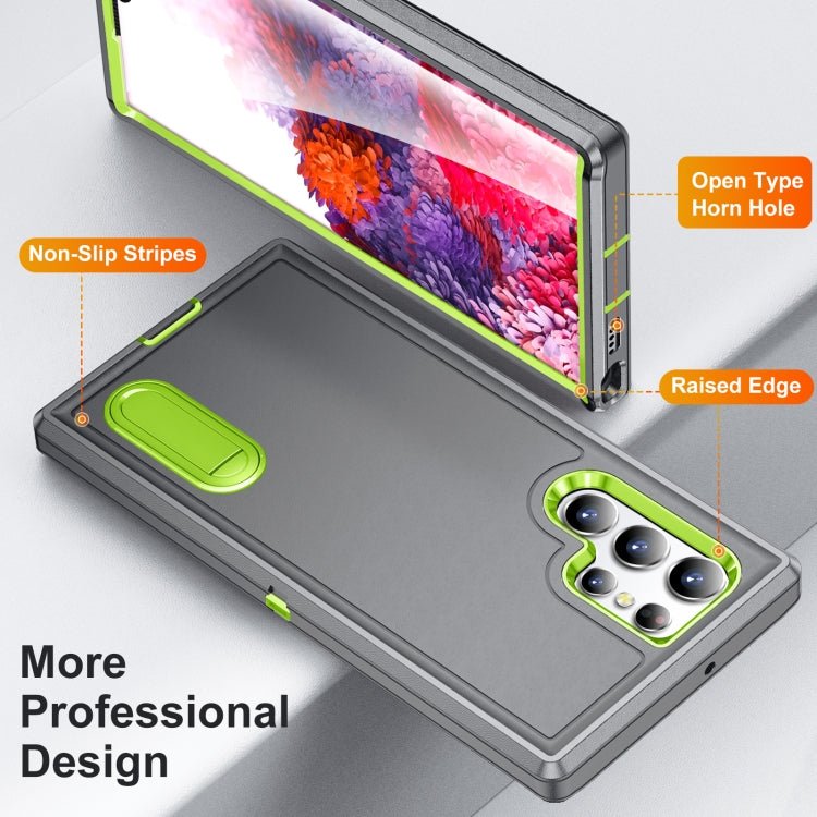 For Samsung Galaxy S23 ultra 5G 3 in 1 Rugged Holder Phone Case(Grey+Green)