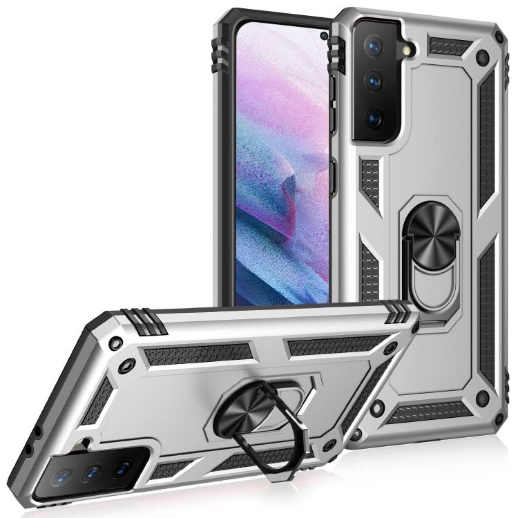 For Samsung Galaxy S21+ 5G Shockproof TPU + PC Protective Case with 360 Degree Rotating Holder(Silver)