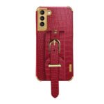 For Samsung Galaxy S21 Plus Electroplated TPU Crocodile Pattern Leather Case with Wrist Strap(Red)