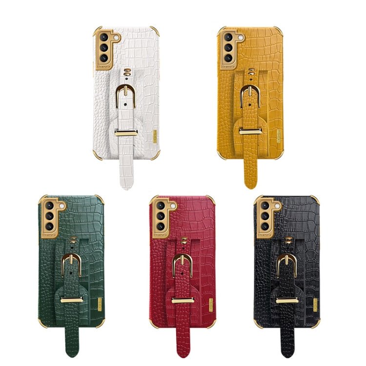 For Samsung Galaxy S21 Plus Electroplated TPU Crocodile Pattern Leather Case with Wrist Strap(Red)