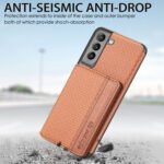 For Samsung Galaxy S21 5G Carbon Fiber Magnetic Card Bag TPU+PU Shockproof Back Cover Case with Holder & Card Slot & Photo Frame(Brown)