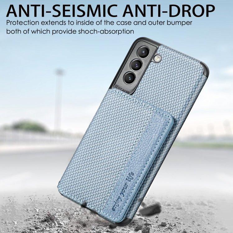 For Samsung Galaxy S21 5G Carbon Fiber Magnetic Card Bag TPU+PU Shockproof Back Cover Case with Holder & Card Slot & Photo Frame(Blue)