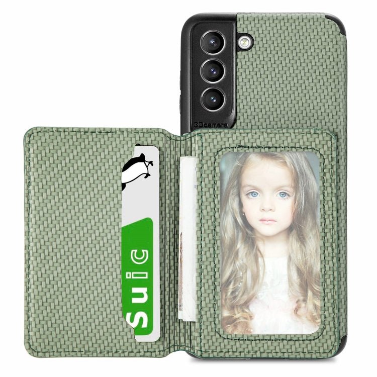 For Samsung Galaxy S21 5G Carbon Fiber Magnetic Card Bag TPU+PU Shockproof Back Cover Case with Holder & Card Slot & Photo Frame(Green)