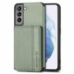 For Samsung Galaxy S21 5G Carbon Fiber Magnetic Card Bag TPU+PU Shockproof Back Cover Case with Holder & Card Slot & Photo Frame(Green)