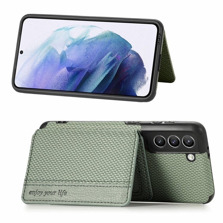 For Samsung Galaxy S21 5G Carbon Fiber Magnetic Card Bag TPU+PU Shockproof Back Cover Case with Holder & Card Slot & Photo Frame(Green)