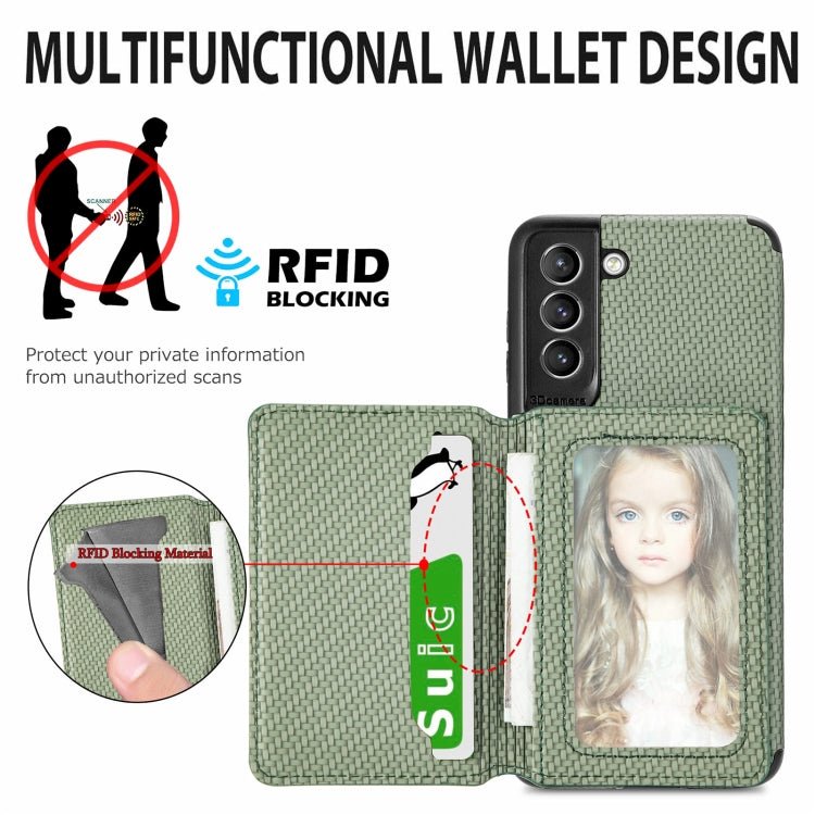 For Samsung Galaxy S21 5G Carbon Fiber Magnetic Card Bag TPU+PU Shockproof Back Cover Case with Holder & Card Slot & Photo Frame(Green)