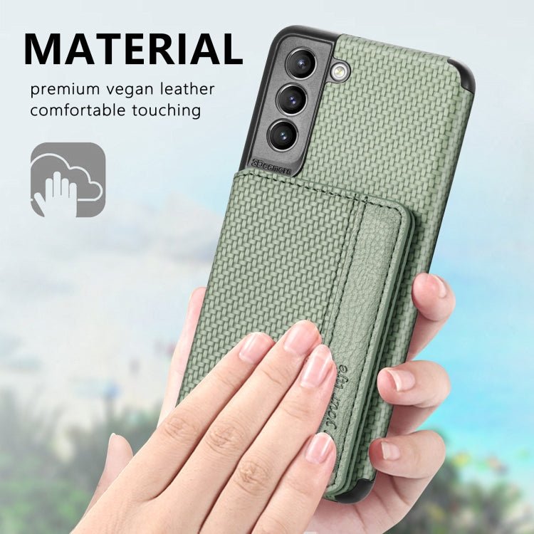 For Samsung Galaxy S21 5G Carbon Fiber Magnetic Card Bag TPU+PU Shockproof Back Cover Case with Holder & Card Slot & Photo Frame(Green)
