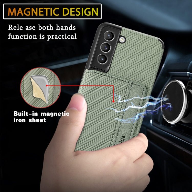 For Samsung Galaxy S21 5G Carbon Fiber Magnetic Card Bag TPU+PU Shockproof Back Cover Case with Holder & Card Slot & Photo Frame(Green)