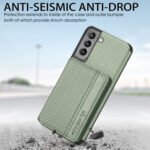 For Samsung Galaxy S21 5G Carbon Fiber Magnetic Card Bag TPU+PU Shockproof Back Cover Case with Holder & Card Slot & Photo Frame(Green)