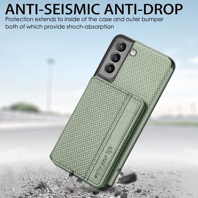 For Samsung Galaxy S21+ 5G Carbon Fiber Magnetic Card Bag TPU+PU Shockproof Back Cover Case with Holder & Card Slot & Photo Frame(Green)