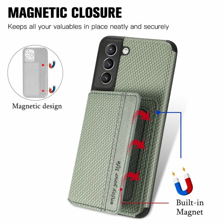 For Samsung Galaxy S21+ 5G Carbon Fiber Magnetic Card Bag TPU+PU Shockproof Back Cover Case with Holder & Card Slot & Photo Frame(Green)