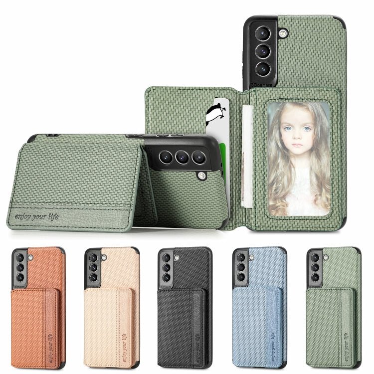 For Samsung Galaxy S21+ 5G Carbon Fiber Magnetic Card Bag TPU+PU Shockproof Back Cover Case with Holder & Card Slot & Photo Frame(Green)