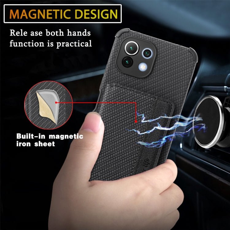 For Xiaomi Mi 11 Lite Carbon Fiber Magnetic Card Bag TPU+PU Shockproof Back Cover Case with Holder & Card Slot & Photo Frame(Black)