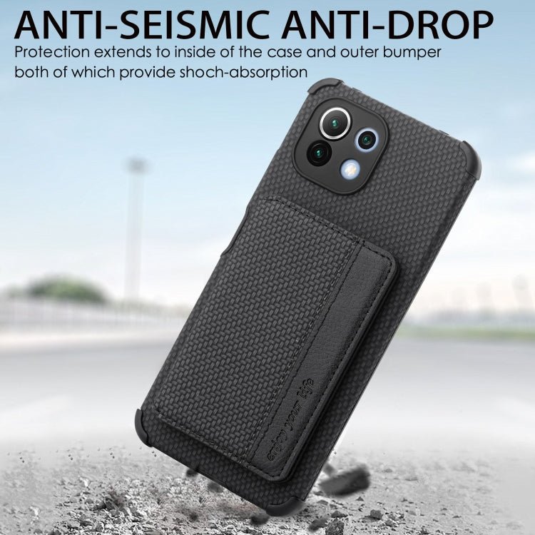 For Xiaomi Mi 11 Lite Carbon Fiber Magnetic Card Bag TPU+PU Shockproof Back Cover Case with Holder & Card Slot & Photo Frame(Black)