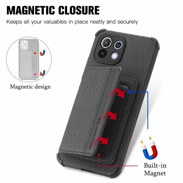 For Xiaomi Mi 11 Lite Carbon Fiber Magnetic Card Bag TPU+PU Shockproof Back Cover Case with Holder & Card Slot & Photo Frame(Black)
