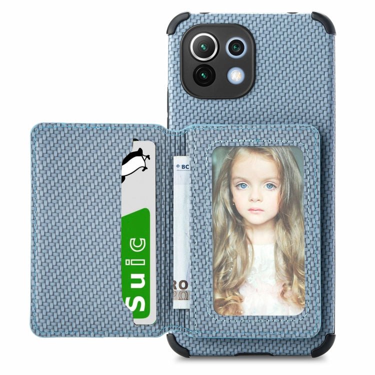 For Xiaomi Mi 11 Lite Carbon Fiber Magnetic Card Bag TPU+PU Shockproof Back Cover Case with Holder & Card Slot & Photo Frame(Blue)