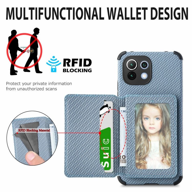 For Xiaomi Mi 11 Lite Carbon Fiber Magnetic Card Bag TPU+PU Shockproof Back Cover Case with Holder & Card Slot & Photo Frame(Blue)