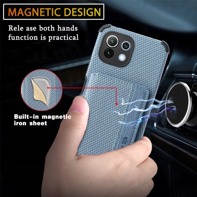 For Xiaomi Mi 11 Lite Carbon Fiber Magnetic Card Bag TPU+PU Shockproof Back Cover Case with Holder & Card Slot & Photo Frame(Blue)