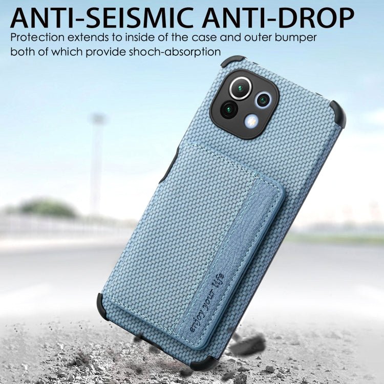 For Xiaomi Mi 11 Lite Carbon Fiber Magnetic Card Bag TPU+PU Shockproof Back Cover Case with Holder & Card Slot & Photo Frame(Blue)