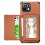 For Xiaomi Mi 11 Lite Carbon Fiber Magnetic Card Bag TPU+PU Shockproof Back Cover Case with Holder & Card Slot & Photo Frame(Brown)