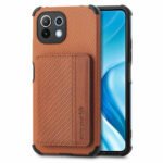 For Xiaomi Mi 11 Lite Carbon Fiber Magnetic Card Bag TPU+PU Shockproof Back Cover Case with Holder & Card Slot & Photo Frame(Brown)