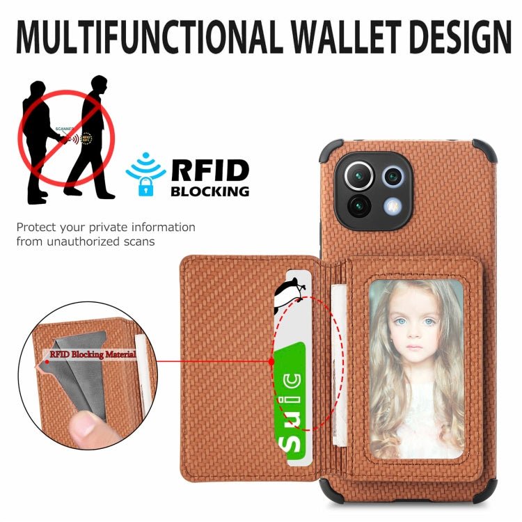 For Xiaomi Mi 11 Lite Carbon Fiber Magnetic Card Bag TPU+PU Shockproof Back Cover Case with Holder & Card Slot & Photo Frame(Brown)