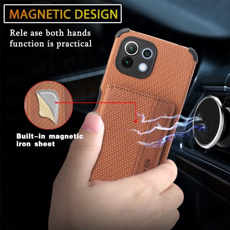 For Xiaomi Mi 11 Lite Carbon Fiber Magnetic Card Bag TPU+PU Shockproof Back Cover Case with Holder & Card Slot & Photo Frame(Brown)