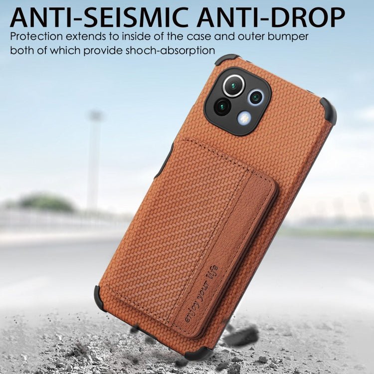 For Xiaomi Mi 11 Lite Carbon Fiber Magnetic Card Bag TPU+PU Shockproof Back Cover Case with Holder & Card Slot & Photo Frame(Brown)