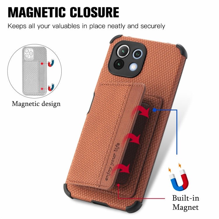 For Xiaomi Mi 11 Lite Carbon Fiber Magnetic Card Bag TPU+PU Shockproof Back Cover Case with Holder & Card Slot & Photo Frame(Brown)