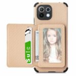 For Xiaomi Mi 11 Lite Carbon Fiber Magnetic Card Bag TPU+PU Shockproof Back Cover Case with Holder & Card Slot & Photo Frame(Gold)
