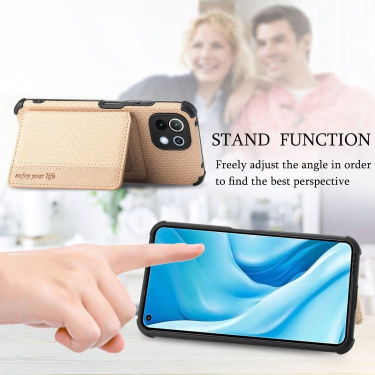 For Xiaomi Mi 11 Lite Carbon Fiber Magnetic Card Bag TPU+PU Shockproof Back Cover Case with Holder & Card Slot & Photo Frame(Gold)