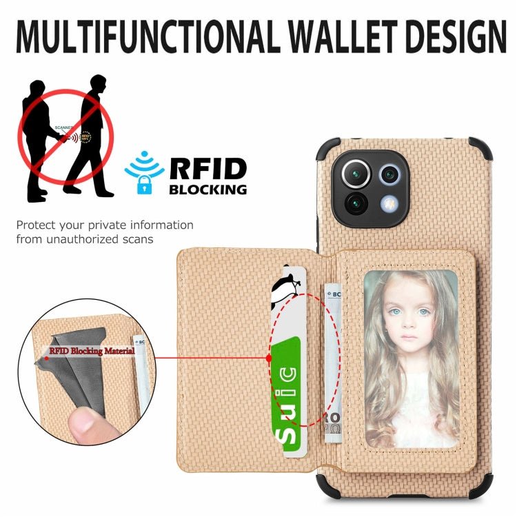For Xiaomi Mi 11 Lite Carbon Fiber Magnetic Card Bag TPU+PU Shockproof Back Cover Case with Holder & Card Slot & Photo Frame(Gold)