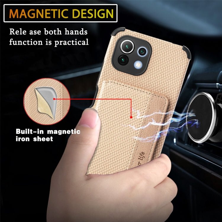 For Xiaomi Mi 11 Lite Carbon Fiber Magnetic Card Bag TPU+PU Shockproof Back Cover Case with Holder & Card Slot & Photo Frame(Gold)