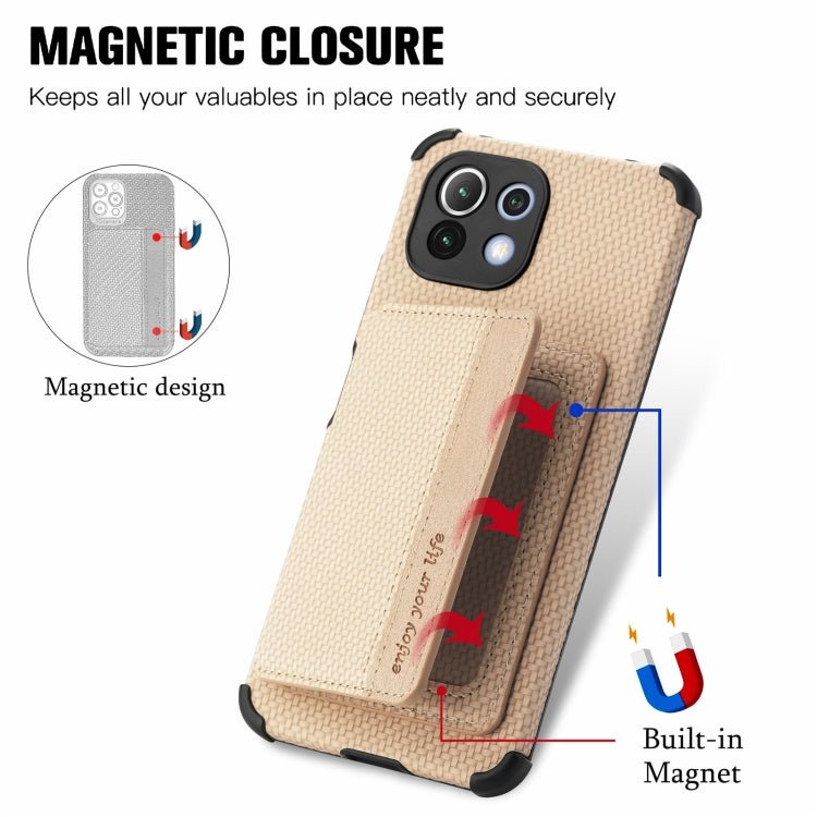 For Xiaomi Mi 11 Lite Carbon Fiber Magnetic Card Bag TPU+PU Shockproof Back Cover Case with Holder & Card Slot & Photo Frame(Gold)