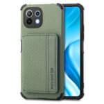 For Xiaomi Mi 11 Lite Carbon Fiber Magnetic Card Bag TPU+PU Shockproof Back Cover Case with Holder & Card Slot & Photo Frame(Green)