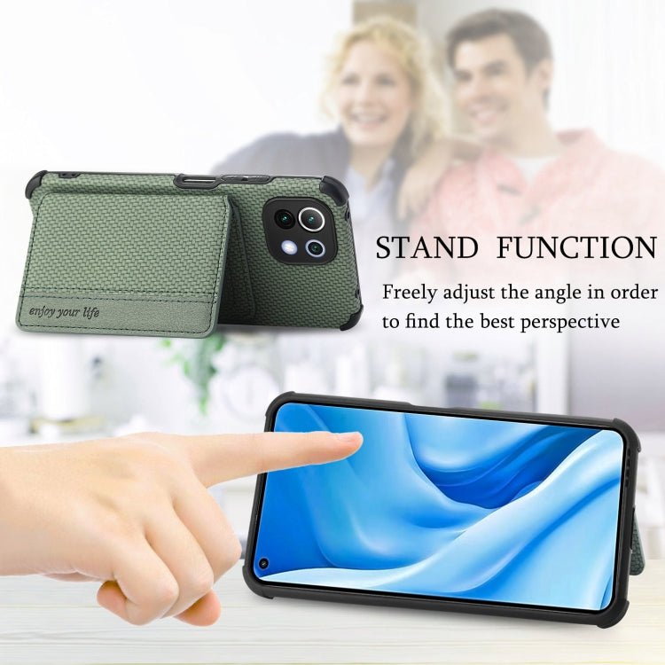 For Xiaomi Mi 11 Lite Carbon Fiber Magnetic Card Bag TPU+PU Shockproof Back Cover Case with Holder & Card Slot & Photo Frame(Green)