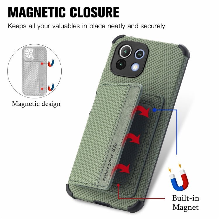 For Xiaomi Mi 11 Lite Carbon Fiber Magnetic Card Bag TPU+PU Shockproof Back Cover Case with Holder & Card Slot & Photo Frame(Green)
