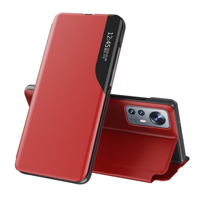 For Xiaomi 12 Pro Side Display Flip  Leather Phone Case with Holder(Red)