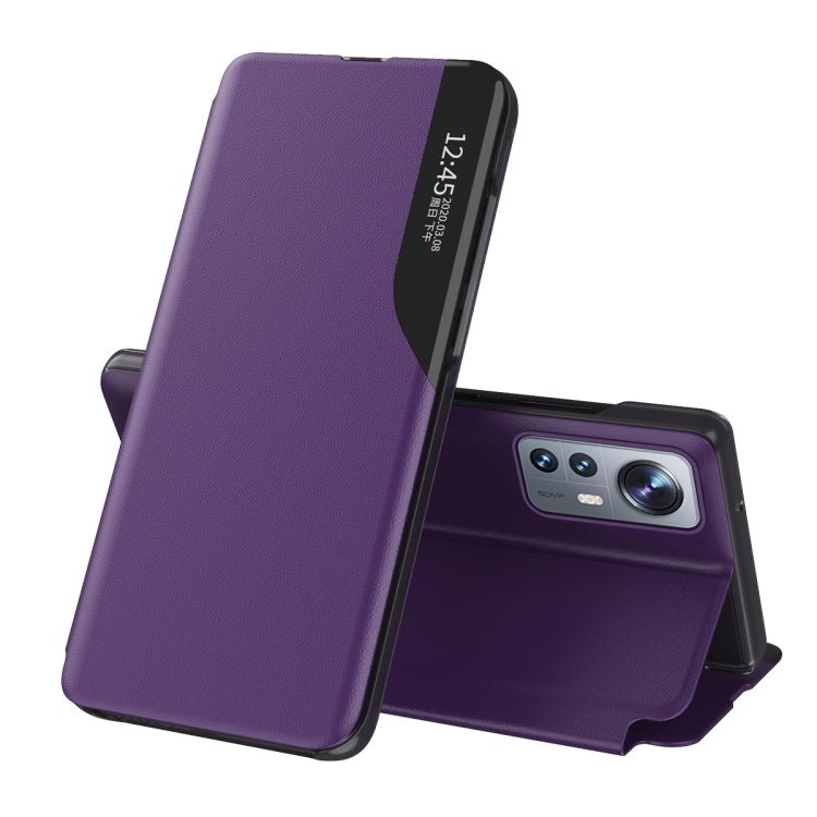 For Xiaomi 12 Pro Side Display Flip  Leather Phone Case with Holder(Purple)